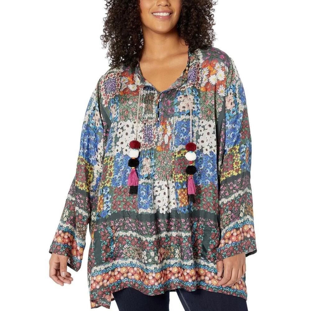 Johnny Was Daisy Patchwork Floral Silk Tunic Top Size XL - Picture 1 of 6